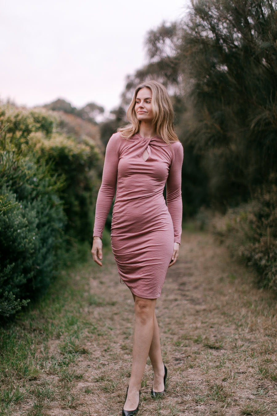 Twist Neck Wool Jersey Dress With Side Detail